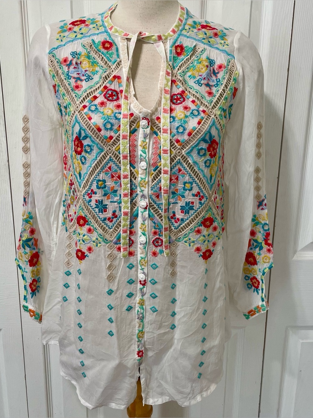 Johnny Was White Embroidered Floral Blouse with Red and Turquoise Accents